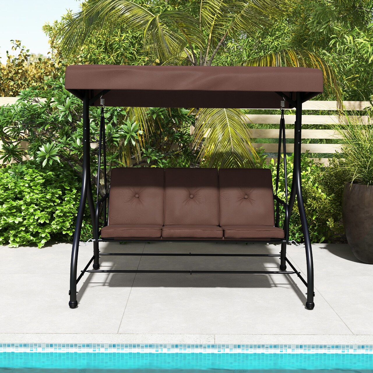 3-Person Outdoor Porch Swing with Adjustable Canopy and Converts to Bed Cushioned Patio Glider